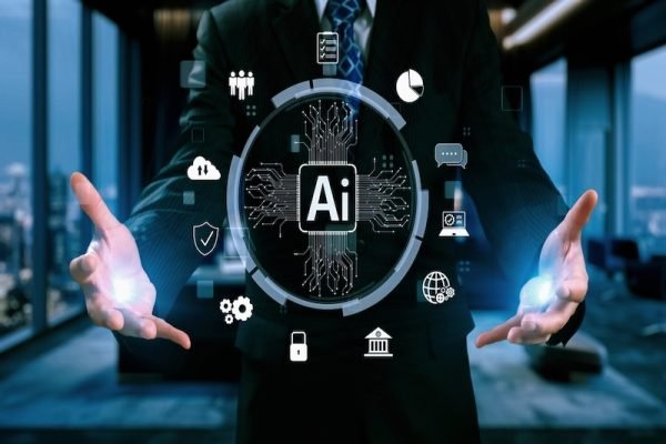 Human interact with AI artificial intelligence brain processor in concept of AI artificial intelligence engineering, big data and AI machine learning to use generative AI for business support. UUID
